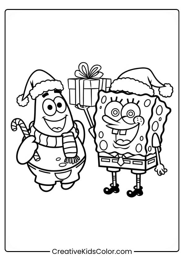 Spongebob And Patrick Celebrate Christmas Together In This Holiday-Themed Coloring Page.