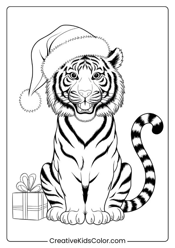 Christmas Tiger Coloring Page With A Cheerful Tiger In A Santa Hat Sitting By A Small, Wrapped Gift.