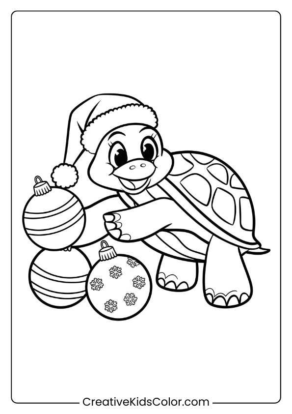 Christmas Turtle With Ornaments Coloring Page, Capturing A Festive Turtle With Holiday Cheer.