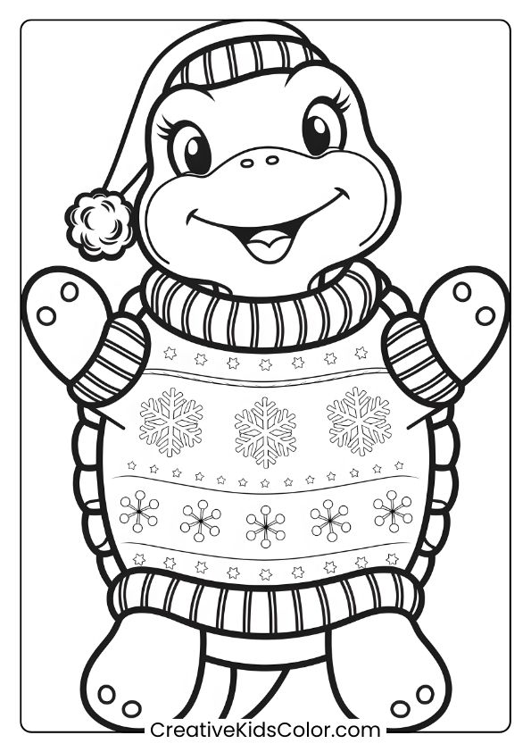 Christmas Turtle Coloring Page With A Sweater And Santa Hat, Bringing Holiday Cheer To Your Coloring.