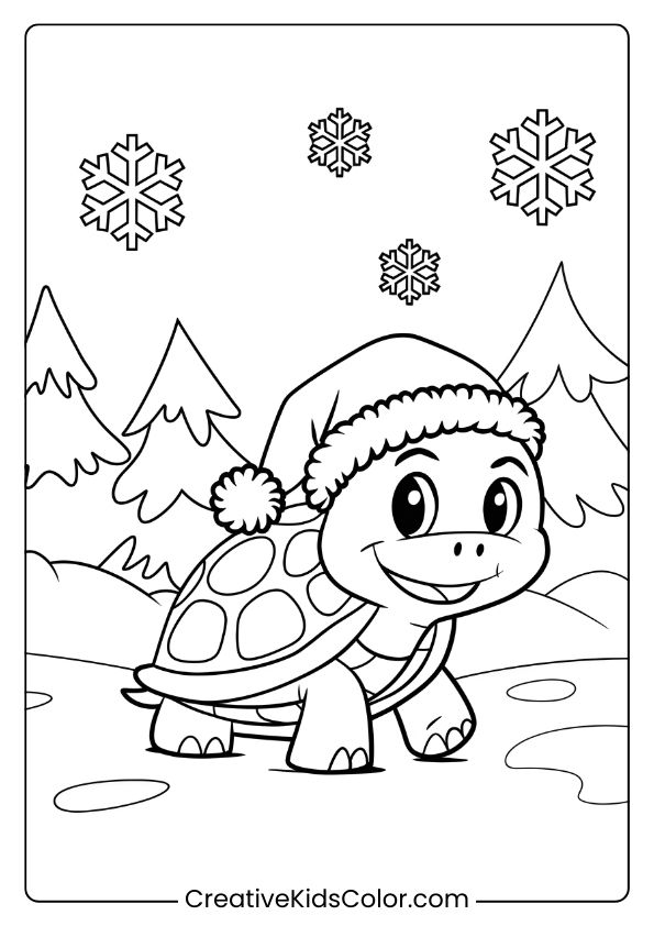 Festive Turtle Coloring Page Featuring A Turtle In A Snowy Landscape With A Santa Hat And Snowflakes Around.