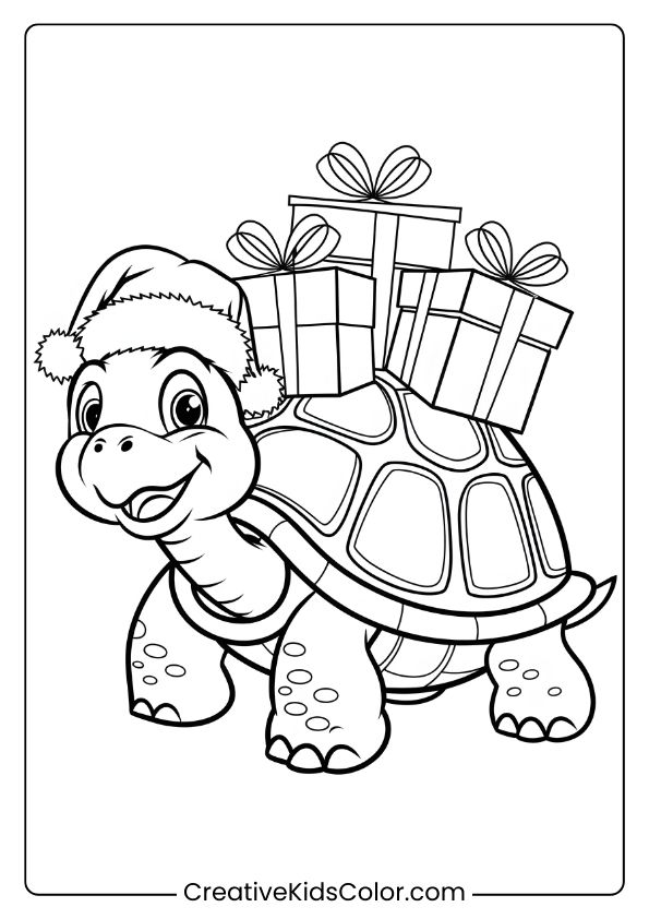 Christmas Turtle Coloring Page With Gift Boxes, Showcasing A Holiday-Themed Turtle With Cheerful Decorations.