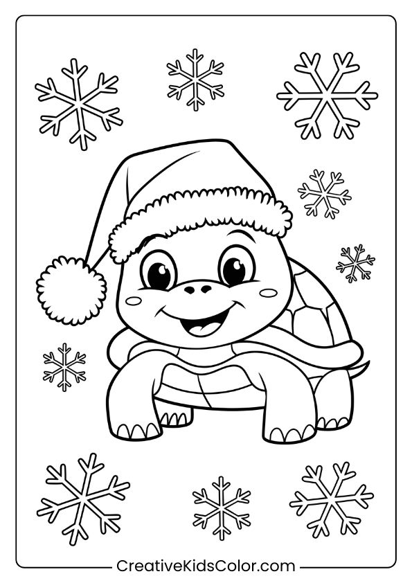 Christmas Turtle Coloring Page With A Santa Hat And Snowflakes, Perfect For A Holiday-Themed Activity.