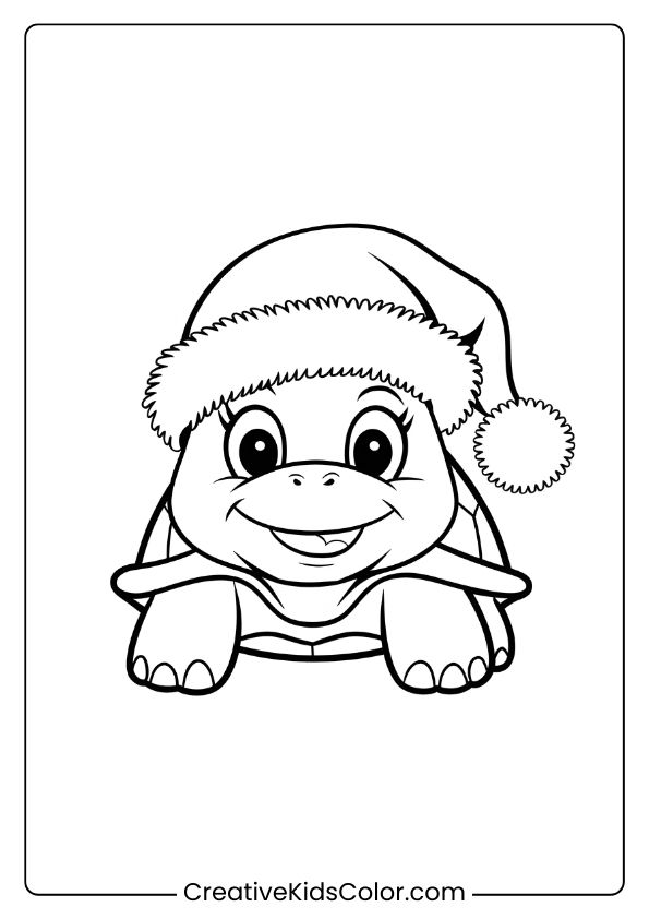 Christmas Turtle Coloring Page With A Santa Hat, Bringing Festive Vibes To A Fun Turtle Illustration.