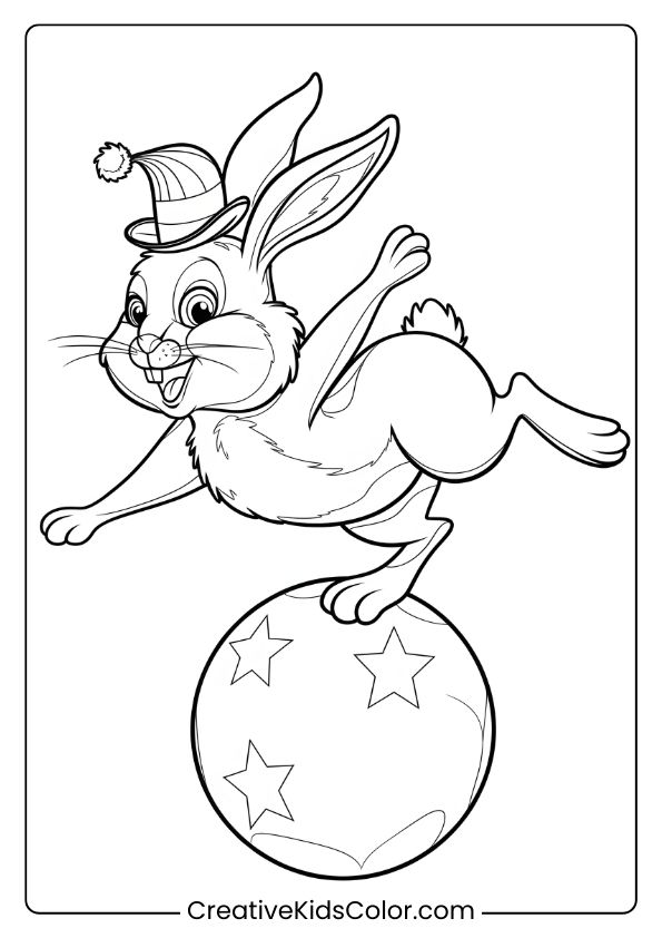 Coloring Page Of A Circus Bunny Balancing On A Ball, With A Playful, Festive Atmosphere.