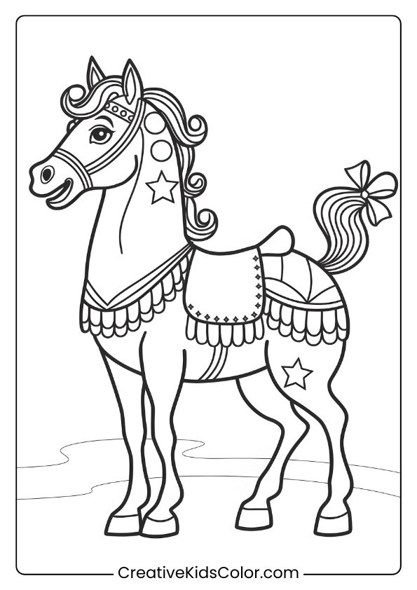 A Circus-Themed Horse In Costume, Ideal For A Fun And Colorful Coloring Page.