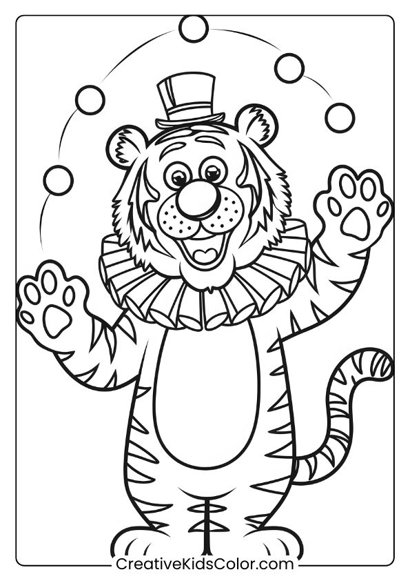 Circus Tiger Coloring Page Showing A Tiger In Clown Attire, With Raised Paws And Balloons.