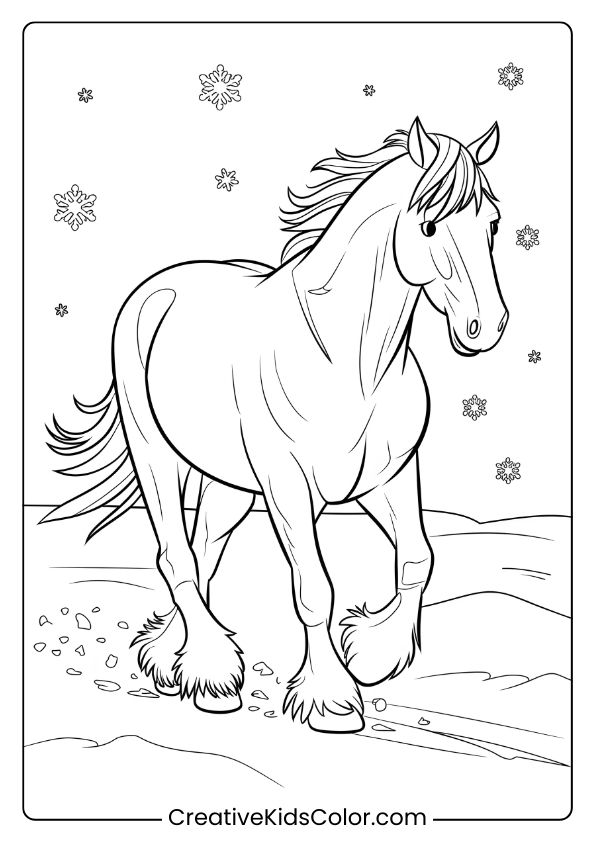 A Powerful Clydesdale Horse In Snow, With Snowflakes Falling, Perfect For A Winter Coloring Page.