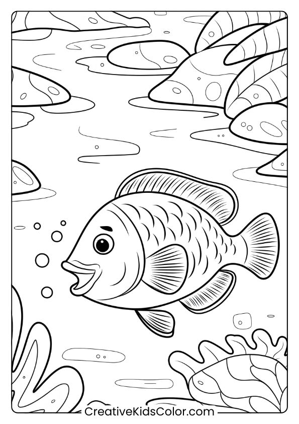 A Playful Fish In A Hidden Lagoon With Bubbles Adds An Enchanting Touch To This Underwater Coloring Page.