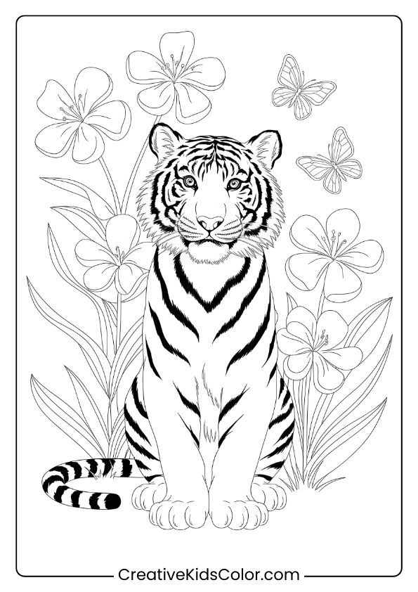 Springtime Tiger Coloring Page With A Tiger Among Flowers And Butterflies, With A Serene Expression.