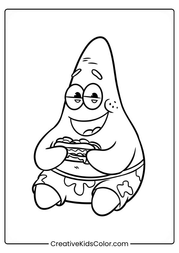Patrick Star Enjoys A Delicious Sandwich In This Fun And Simple Coloring Page.