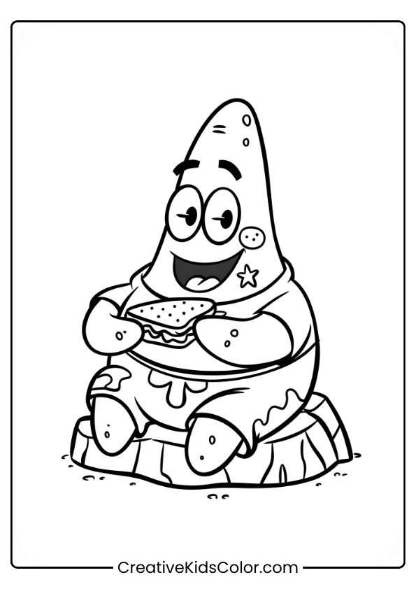 Patrick Star Is Enjoying A Sandwich In This Fun Coloring Page For Kids.