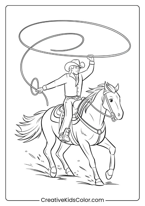 A Cowboy Swinging A Lasso While Riding, Capturing An Exciting Western Coloring Moment.