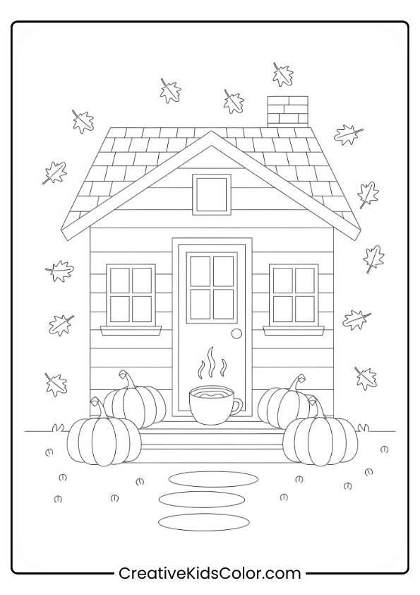 A Cozy Autumn Cottage With Pumpkins And Hot Cocoa Is Drawn In This Fall Coloring Page.