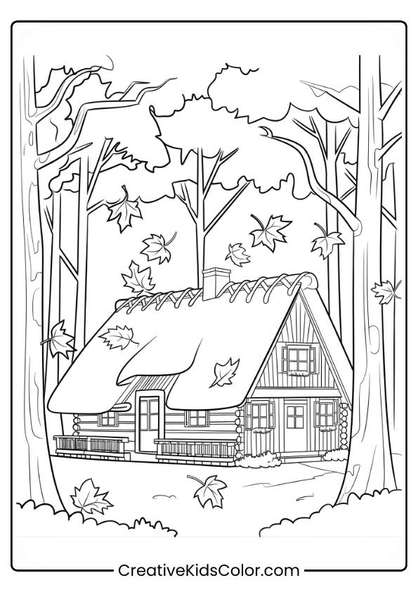 A Peaceful Scene Of A Cozy Cabin In A Fall Forest Is Depicted In This Coloring Page.