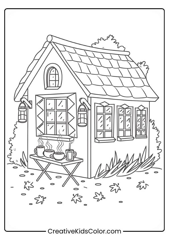 A Fall Cottage With Lanterns And Hot Drinks Is Depicted In This Cozy Coloring Page.