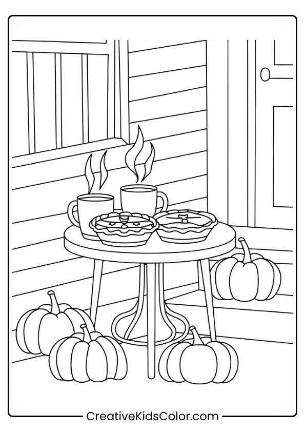 A Porch With Hot Cocoa, Pumpkin Pies, And Autumn Leaves In This Fall-Themed Coloring Page.