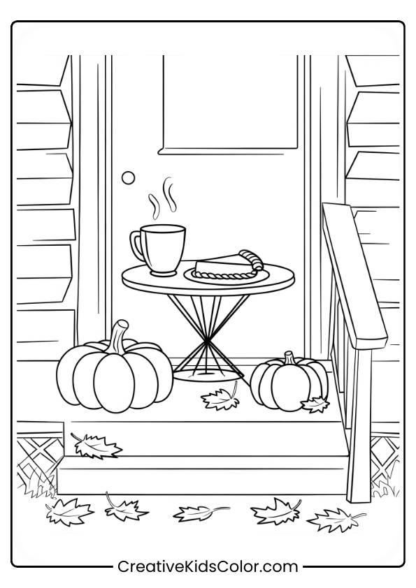 A Cozy Porch With Pumpkins And Hot Cocoa, Drawn In This Autumn Coloring Page.