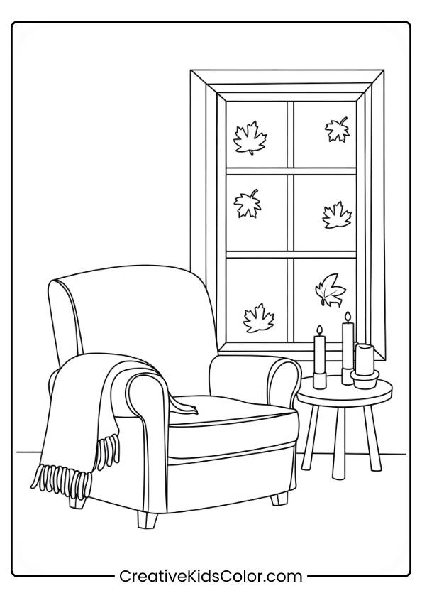 A Warm, Cozy Reading Nook With Fall Leaves Outside The Window Is Featured In This Coloring Page.