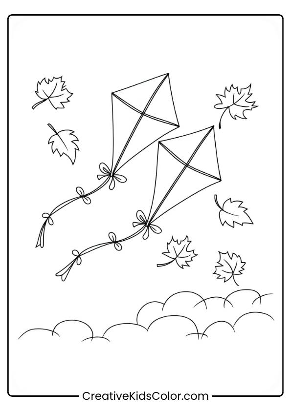 Kites Flying In The Crisp Fall Air With Autumn Leaves, Shown In This Fall Coloring Page.