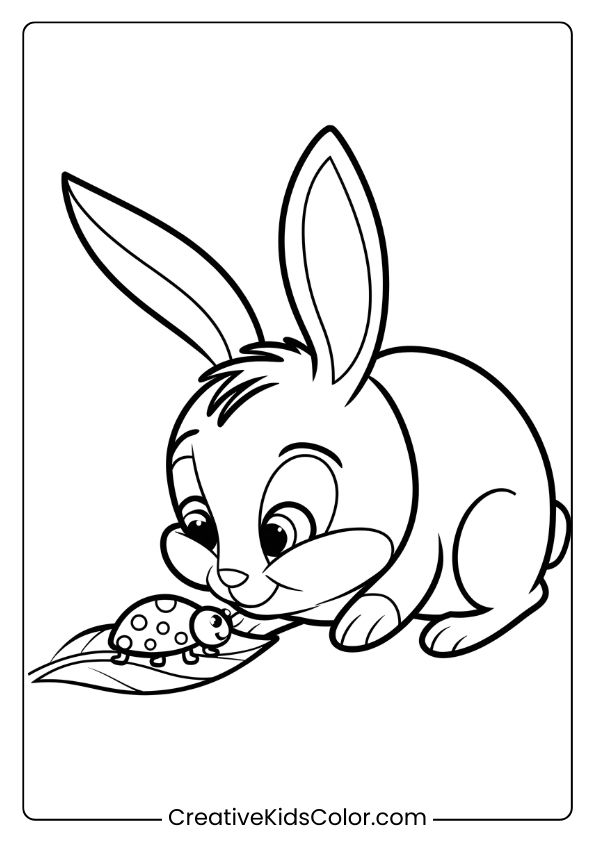 Coloring Page Of A Bunny Sniffing A Ladybug, Creating A Sweet Nature Scene Perfect For Children.