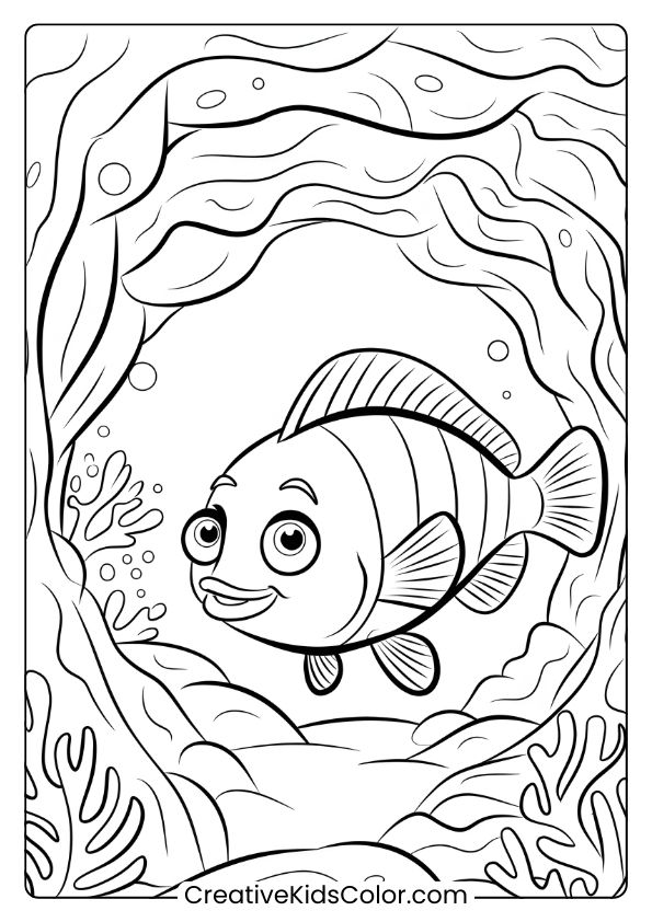 A Striped Fish With Wide Eyes Swims Near A Coral Cave, Accompanied By Bubbles And Coral Formations In This Detailed Underwater Coloring Page.