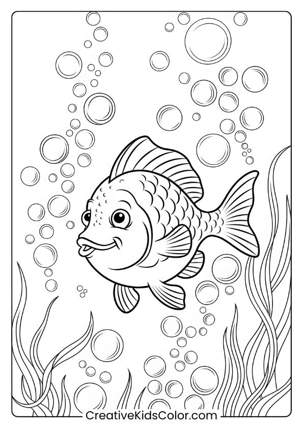 A Curious Fish Interacts With Bubbles Underwater, Making For A Playful And Lively Coloring Page