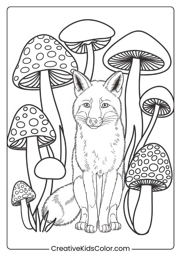 Fox Coloring Page With A Fox Surrounded By Mushrooms, Creating A Charming, Fairy-Tale-Like Woodland Scene.
