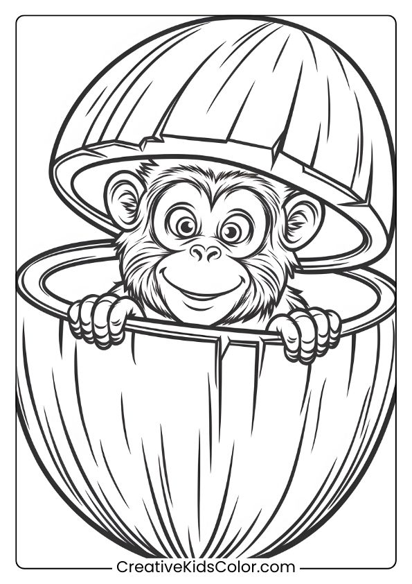 A Coloring Page Featuring A Monkey Peeking Out Of A Coconut, Giving A Curious And Playful Look.