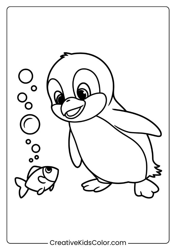 A Penguin Observing Bubbles And A Fish, A Fun Underwater-Themed Penguin Coloring Page.