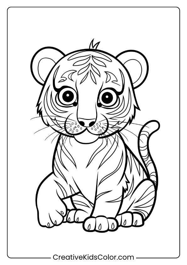 Curious Young Tiger Coloring Page With A Cute Tiger Sitting, Raising Its Paw Slightly.