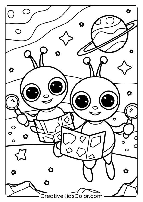 Coloring Page Of Two Cute Aliens Exploring Space With Tools, Surrounded By Planets, Stars, And Rocky Landscapes.