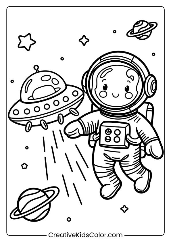 Coloring Page Of An Astronaut And Ufo Surrounded By Planets, Stars, And Cosmic Elements, Ideal For Creative Coloring.