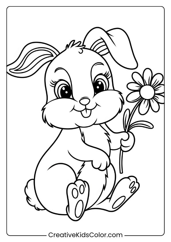 Coloring Page Of A Cute Bunny Holding A Daisy, With Expressive Eyes And A Fluffy Tail, Creating A Charming Scene.
