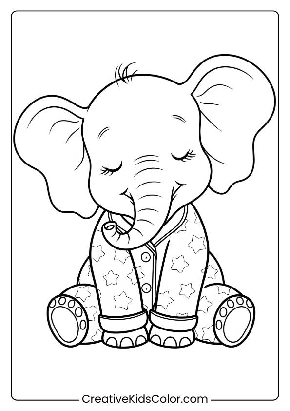 Coloring Page Of A Baby Elephant In Starry Pajamas.
