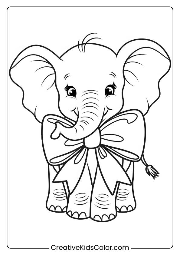 Coloring Page Of A Baby Elephant With A Decorative Bow.