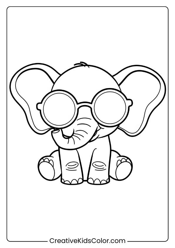 Coloring Page Of A Baby Elephant Wearing Large Round Sunglasses.