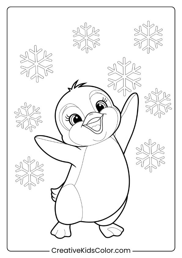 A Baby Penguin Surrounded By Snowflakes In A Joyful Winter Scene, A Perfect Penguin Coloring Page For Kids.
