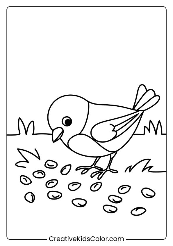 A Bird Eating Seeds On The Ground In A Simple Bird Coloring Page, Great For Young Children.