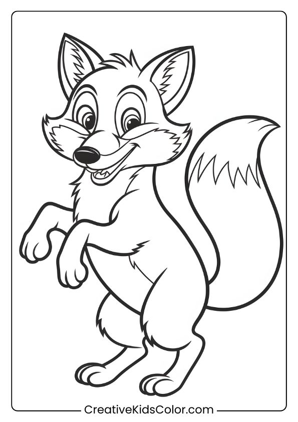 Fox Coloring Page Showing A Cute Cartoon Fox In A Playful Stance, With Big Eyes And A Cheerful Expression For Young Artists.