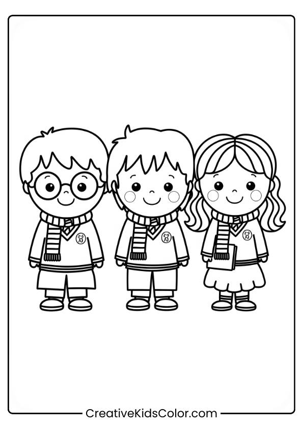 Cartoon Versions Of Harry, Ron, And Hermione Stand Cheerfully Side By Side, Dressed In Their School Uniforms, In This Coloring Page.
