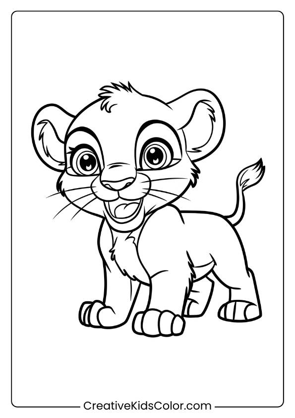 A Cute Cartoon Lion Cub With Large Eyes And A Playful Stance, Ready For Kids To Color In This Fun Lion Coloring Page.