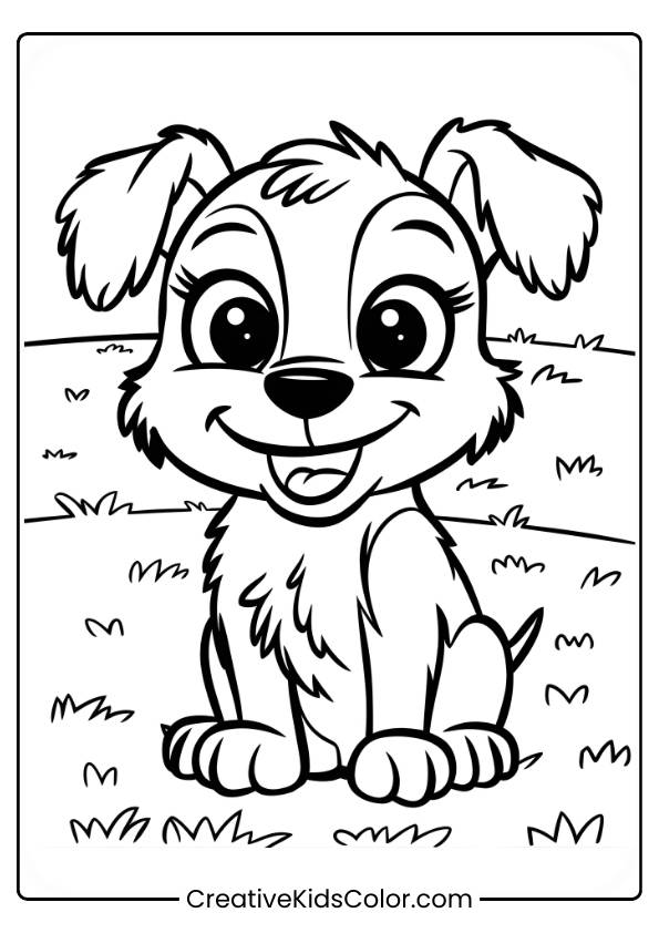 Cute Cartoon Puppy Sitting On Grass With Floppy Ears In A Dog Coloring Page.