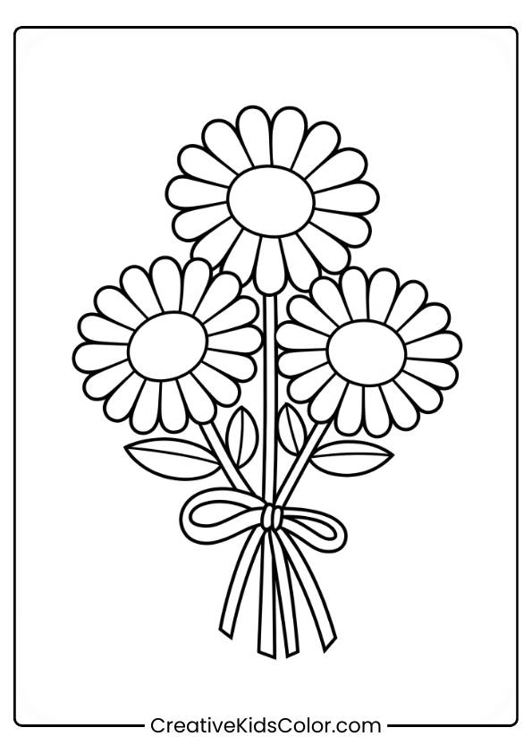 A Bouquet Of Three Daisies Tied With A Ribbon, With Simple Petals And Charming Details, Great For All Ages.