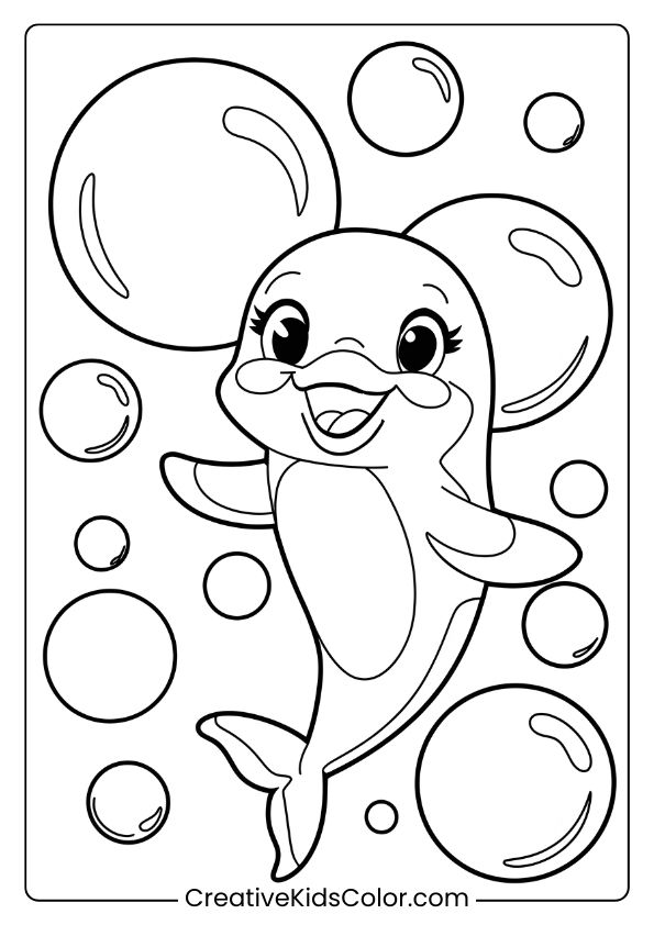 A Cute Dolphin Surrounded By Colorful Bubbles, Dancing Playfully In A Fun And Engaging Coloring Page.