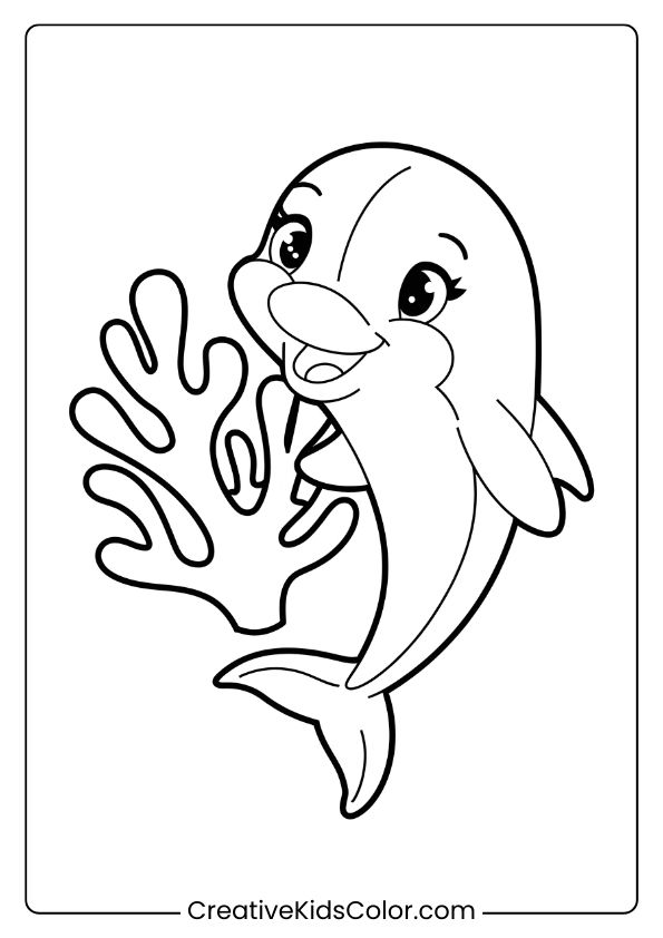 A Dolphin Holding Shiny Coral, A Charming Coloring Page For Children.
