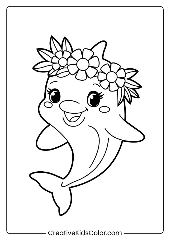 A Cute Dolphin Adorned With A Flower Crown, Ideal For A Charming Coloring Page.