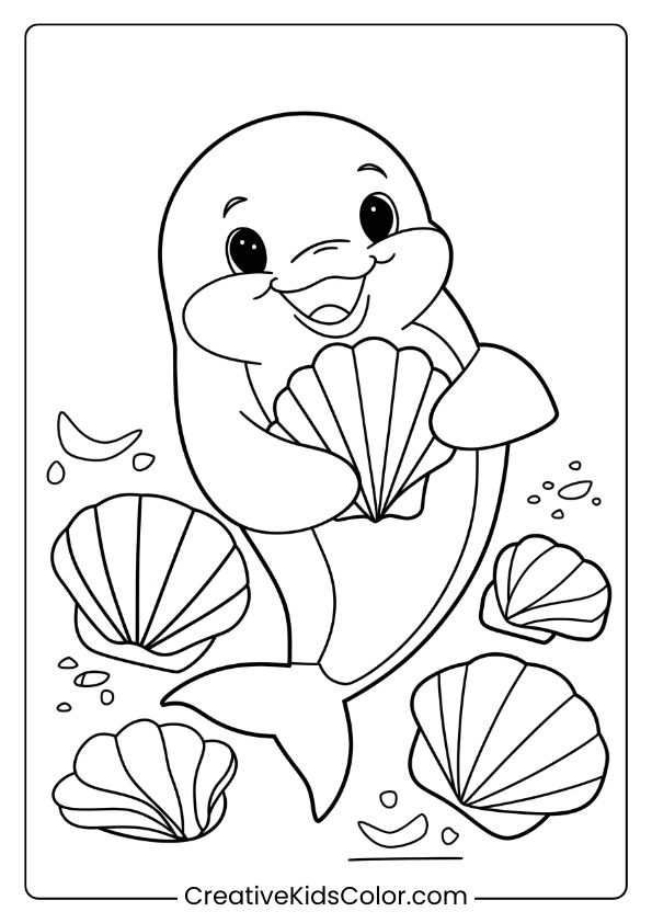 A Cute Dolphin With A Collection Of Shiny Seashells, An Engaging Coloring Page.