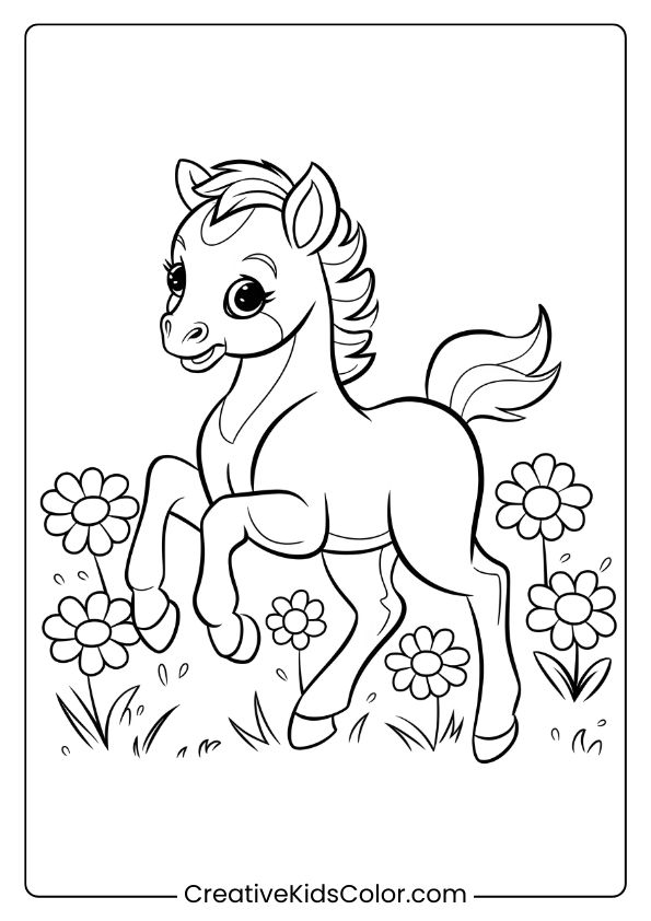 A Playful Foal Amidst A Field Of Flowers, Showcasing A Cheerful Scene Perfect For Coloring.