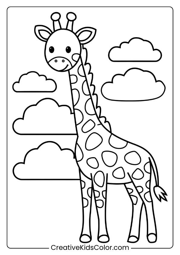Giraffe With Clouds In A Whimsical Coloring Page, Ideal For Imaginative Children.
